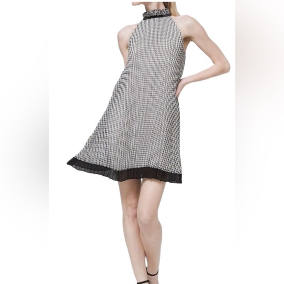 White House Black Market Halter Neck Pleated Shift Dress 4 Gingham - Picture 1 of 10